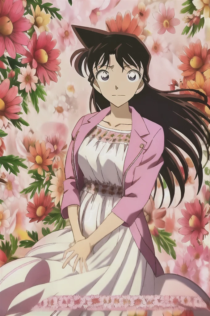 ran, 1girl, solo, long_hair, looking_at_viewer, bangs, blue_eyes, brown_hair, black_hair, long_sleeves, dress, closed_mouth, standing, collarbone, jacket, flower, open_clothes, white_dress, floating_hair, red_flower, pink_flower, hand_in_own_hair, floral_background,  hyper-pregnant 