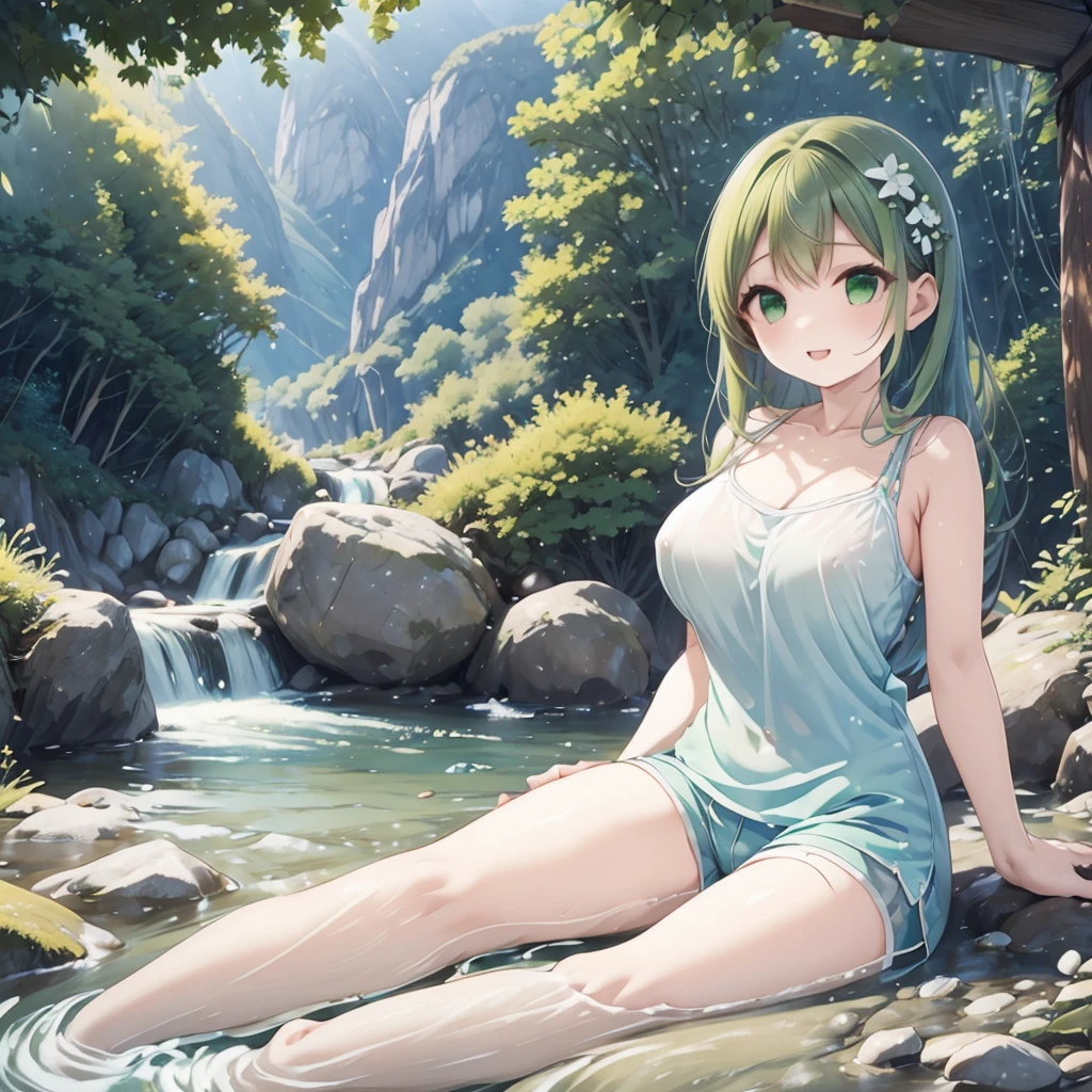 (、、sexy、Adult)、Set in a lush mountain landscape、Young woman enjoying nature by playing in a clear mountain stream(彼女はsexyな水着を着ています)。The scene is realistic anime style。The woman is wearing a tank top and shorts.、Standing in the shallows of a stream、Scoop up water with your right hand、Extend your left hand slightly for balance。She has a happy look on her face.。In the background、Mountains covered with green forests々々is drawn、wood々々々々A soft light shines between、It casts a warm, natural light on the scene.。The water in the stream is clear、I see rocks below me、The banks are lined with vibrant greenery and wildflowers.。The camera angle is slightly behind and above the woman.、It gives the scene depth and perspective.。When the sunlight hits the water surface, the woman、Gives hair a soft and lustrous look