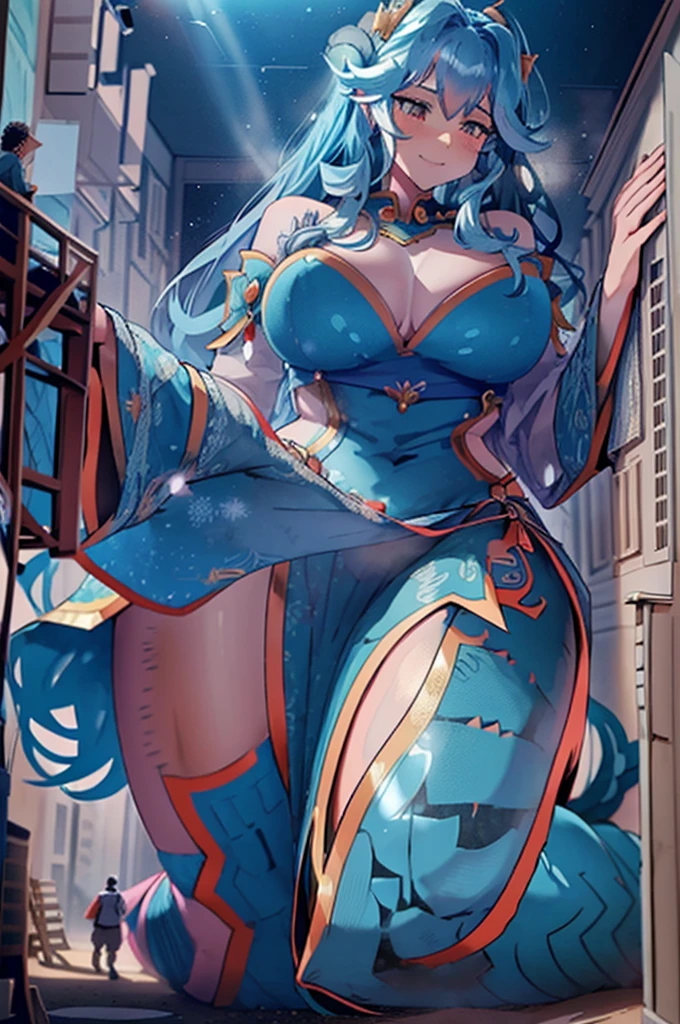 Blue haired , with curly hair, she is wearing a greco roman goddess dress color gold, big ,knight, art,laima,intense size different,slu smile, large ,,monster girl,masterpiece,best quality,snake lady,white scales,red eyes,albino,GtsPlanet,GtsSpace,outerspace background,stars,snake tail lower half,Medusa 