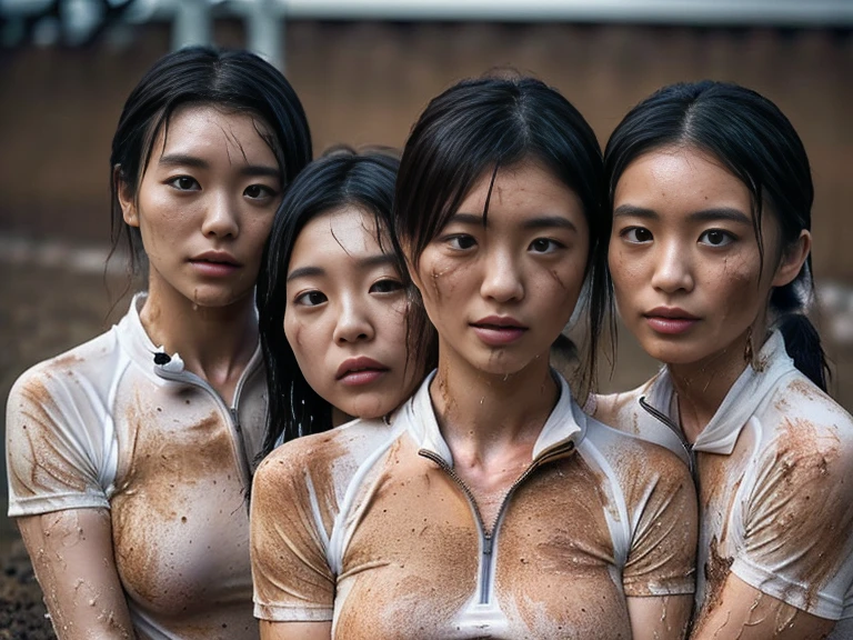 (A plain white short sleeved, very  half zip, soiled gym uniform:1.7)、(A large, dirt-stained, white, square collar: 1.6)、(Red clay ground:1.5)、My hair is wet and messy、(Beautiful Japanese woman covered in dirt:2.0)、Highest quality, masterpiece, Ultra-high resolution, Photorealistic, Raw Photos,Detailed face,(Muscular woman:1.4), (Fastener open: 1.8), (Upper body zoom up:1.0),(Everyone wears the same clothes:1.0), (buruma: 1.8), All members are super beauties, (Three beautiful Japanese women standing close together: 1.7), (Hair tied up: 1.4), (Exhausted expression:1.5), Bright photo, (My whole body is soaked with sweat: 1.4), (Covered in mud: 1.4)
