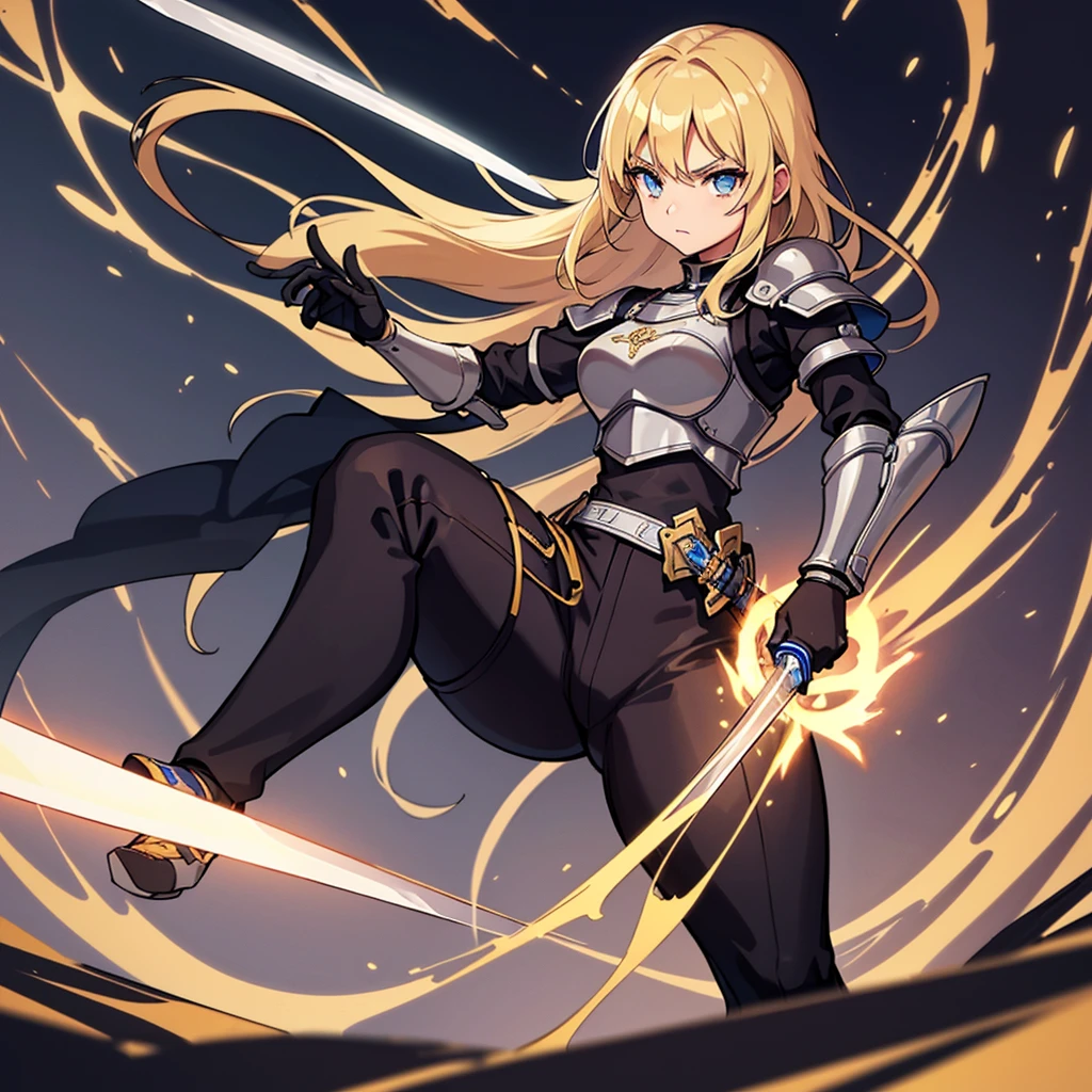 (((Solo)))、Highest quality, Best Quality、8K、(Full body character concept、detailed)、(((Gray simple armor、Black trousers、Black gloves))、(woman、18-year-old)、(Blonde、Long Hair)、(((Grab the sword)))、(Glowing light background)、(Fighting stance,)、Dramatic Angle、(Blue and yellow aura)、(From below)