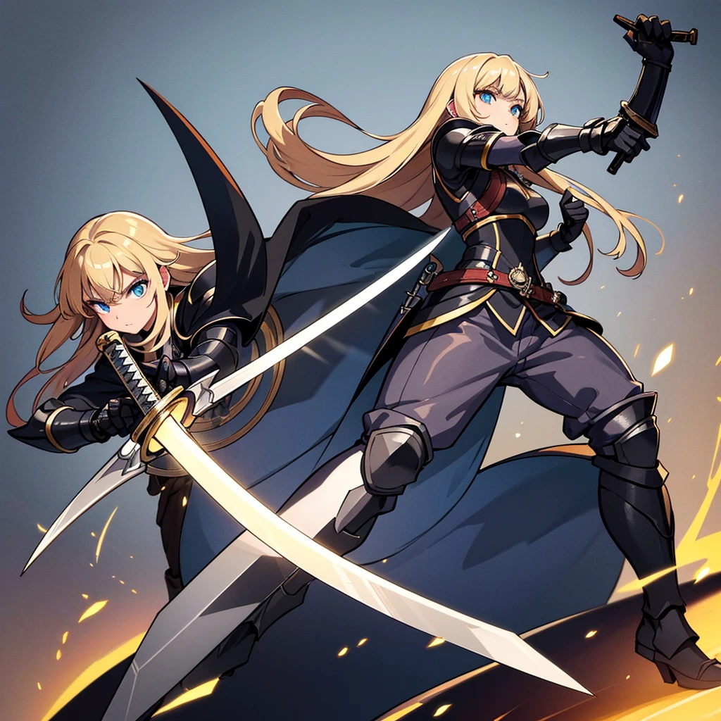 (((Solo)))、Highest quality, Best Quality、8K、(Full body character concept、detailed)、(((Gray simple armor、Black trousers、Black gloves))、(woman、18-year-old)、(Blonde、Long Hair)、(((Grab the sword)))、(Glowing light background)、(Fighting stance,)、Dramatic Angle、(Blue and yellow aura)、(From below)