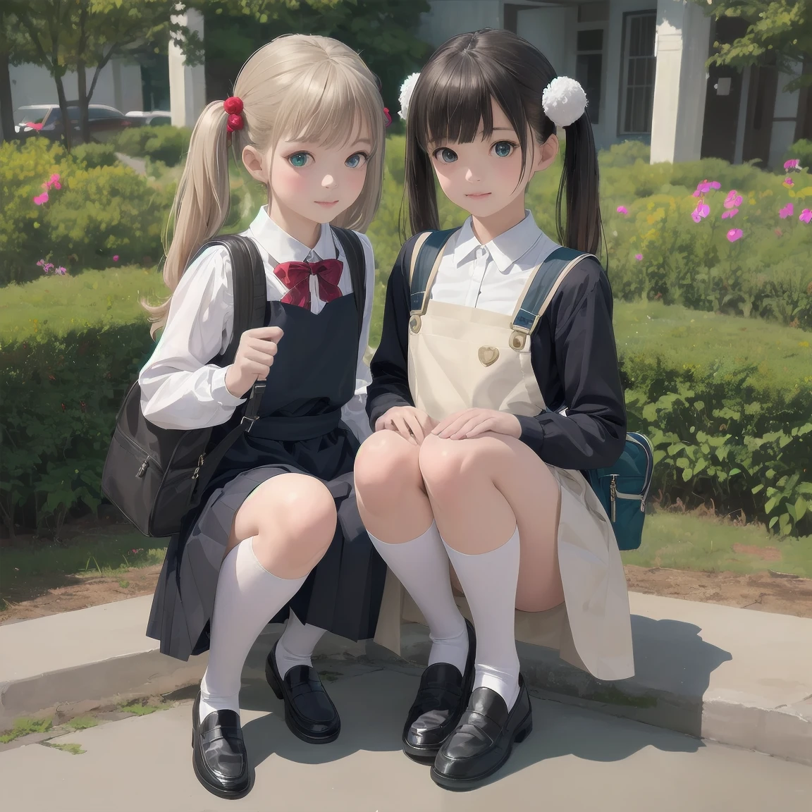 One girl,Highest quality,Super detailed,High resolution,(photoRealistic, Realistic, photo-Realistic:1.2),(9,Flat Chest),bangs,(smile:0.3),,shigure ui (virtual),Dilapidated,,Backpack,bag,bangs,Black Dress,Black footwear,blush,Pompom hair ornament,Collared shirt,Green Eyes,Knee-high,Light brown hair,loafers,Long sleeve,Below the knee apron dress,Pleated dress,school bag,Red Bow,,Sleeveless dress,Twin tails,White legwear,White shirt,anime