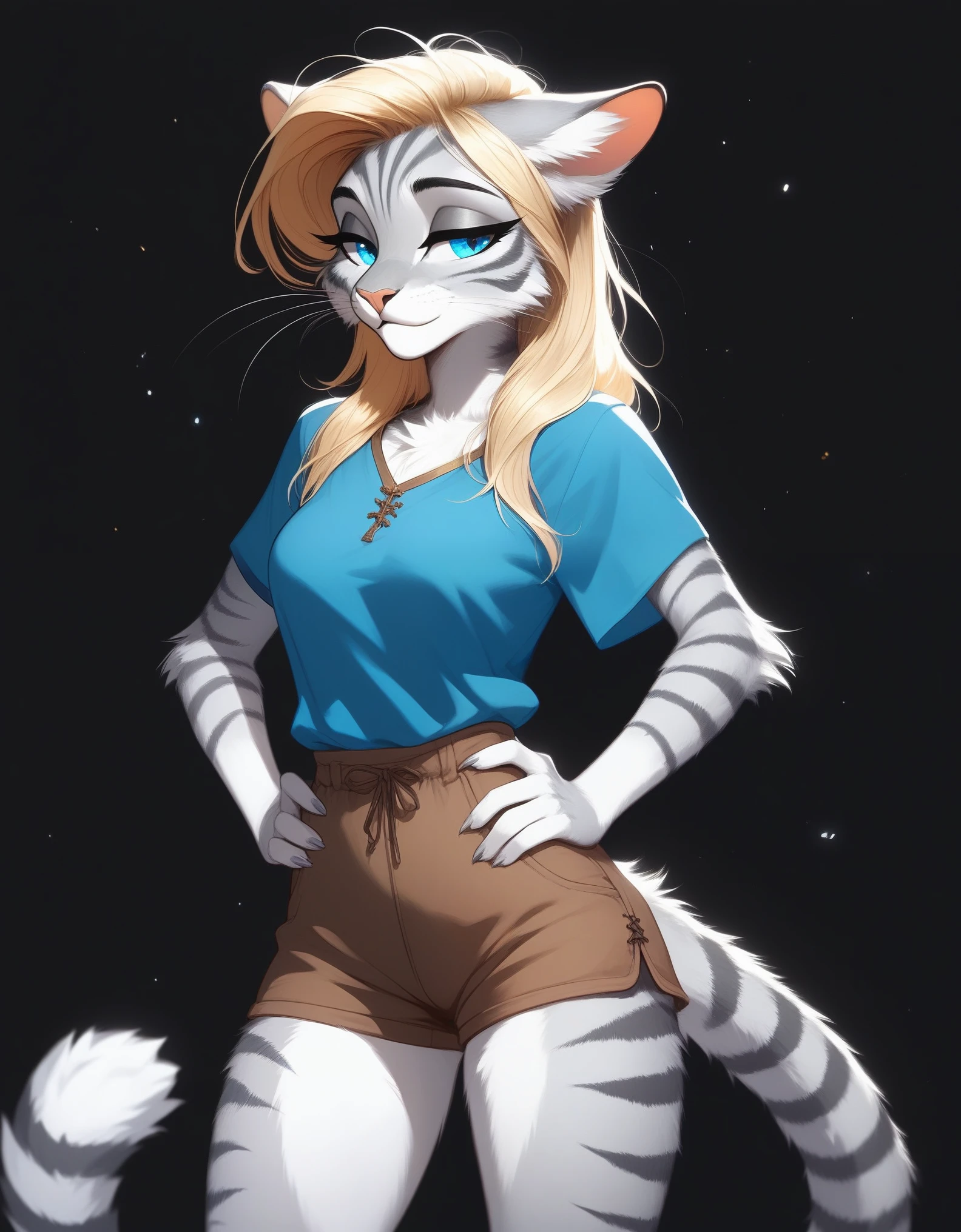 score_9,score_8_up,score_7_up, source_furry, (Kat, Anthro furry feline girl, adult female, blue eyes, blonde hair, hair in a pony tail, eyes half closed, silver fur, grey stripes, tail), wearing blue tunic, brown shorts, standing, hands on hips, white background, simple pose, cowboy shot