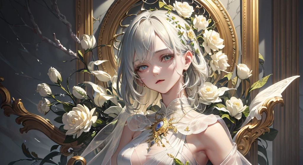 High definition RAW color art, Animation,sculptures, Snow marble skin, High angle, crystal flower, (((Ultra detailed elegant))), Magical atmosphere, (focus on upper body), (Detailed skin, Texture (Intricately detailed, Fine detail, ultra-detailliert), Dark Museum