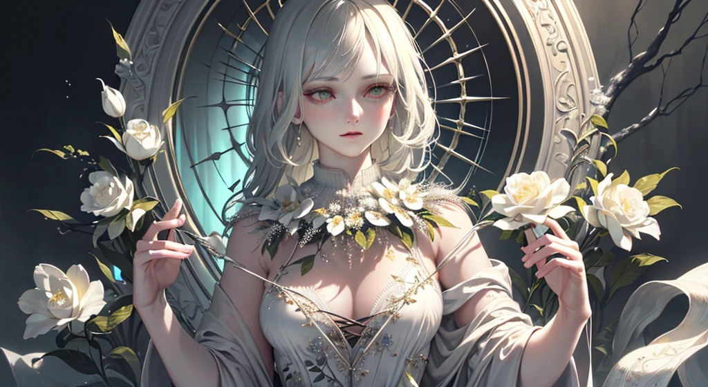 High definition RAW color art, Animation,sculptures, Snow marble skin, High angle, crystal flower, (((Ultra detailed elegant))), Magical atmosphere, (focus on upper body), (Detailed skin, Texture (Intricately detailed, Fine detail, ultra-detailliert), Dark Museum