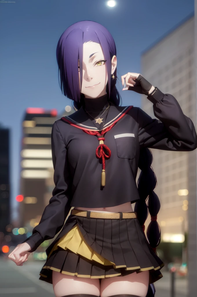 maganechikujouin, magane chikujouin, long hair, purple hair, braid, single braid, (hair over one eye:1.5), (yellow eyes:1.3), smile, grin,
BREAK skirt, thighhighs, gloves, jewelry, , earrings, serafuku, black gloves, black thighhighs, necklace, zettai ryouiki,
BREAK outdoor, city, night, sky, buildings, moon, clouds,
BREAK looking at viewer, (cowboy shot:1.5),
BREAK (masterpiece:1.2), best quality, high resolution, unity 8k wallpaper, (illustration:0.8), (beautiful detailed eyes:1.6), extremely detailed face, perfect lighting, extremely detailed CG, (perfect hands, perfect anatomy),