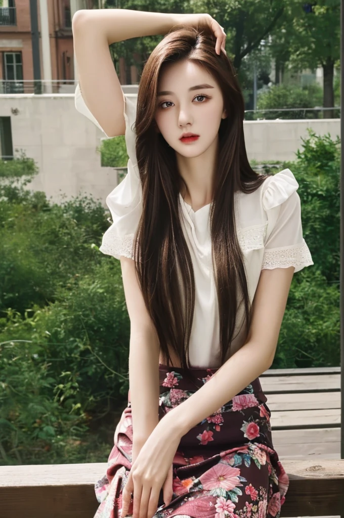 ((best quality, 8K, masterpiece: 1.3)), 1 Girl, My Fair Beauty: 1.3, (Long hair: 1.2), Floral Skirt, Long legs: 1.1, Very delicate face, Beautiful eyes, Double eyelids, outdoor