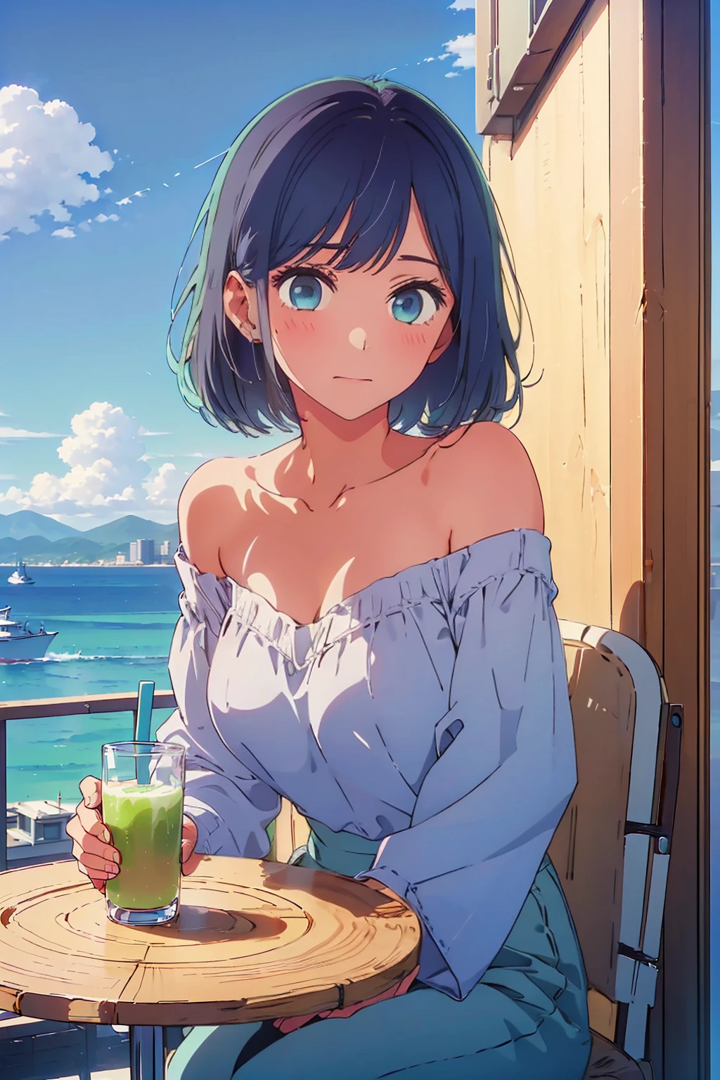 (Highest quality:1.4、8K:1.4、detailed)、F cup bust、Big Breasts、Slim body、Very white beautiful skin、((((1 person、Surprised expression、sit、Chair、In the background are the urban buildings of Tokyo、looking at the camera、Outdoor café terrace、coastal、Navy hair color、juice、Shooting up close、table、Very cute face))))、((((Areola、Off the shoulder))))、(Pose of putting hair behind ears with hands:1.4）、nude、Very blue sky、A completely cloudless sky