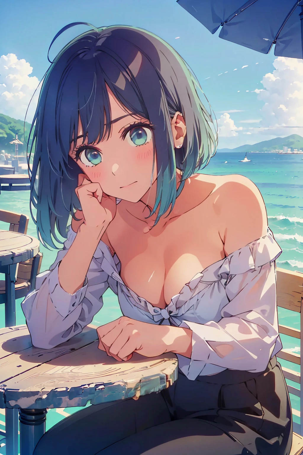 (Highest quality:1.4、8K:1.4、detailed)、F cup bust、Big Breasts、Slim body、Very white beautiful skin、((((1 person、Surprised expression、sit、Chair、In the background are the urban buildings of Tokyo、looking at the camera、Outdoor café terrace、coastal、Navy hair color、juice、Shooting up close、table、Very cute face))))、((((Areola、Off the shoulder))))、(Pose of putting hair behind ears with hands:1.4）、nude、Very blue sky、A completely cloudless sky