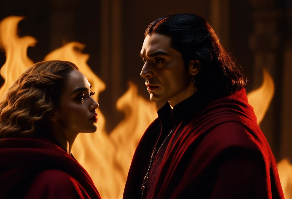 
- Scene: Create an image of two people in love in a setting of mystery and passion.
  
- Woman's Appearance:
  - Resembles Beyoncé
  - Brown skin
  - Long, golden blonde curly hair
  - Confident and seductive expression
  - Wearing a red dress, elegant and form-fitting
  - Lips painted a deep, intense red

- Man's Appearance:
  - Resembles Severus Snape
  - Pale skin
  - Large nose
  - Black, straight hair falling around his face in a somber manner
  - Serious and intense expression
  - Wearing a black cloak, contrasting with the flames around them

- Atmosphere:
  - Surrounded by flames, creating a mystical and fiery ambiance
  - Soft lighting highlighting their faces, enhancing the sparkle in their eyes
  - Flames adding an element of intensity and mystery to the scene
  - They are close to each other, gazing intensely into each other's eyes, exuding a strong emotional connection
