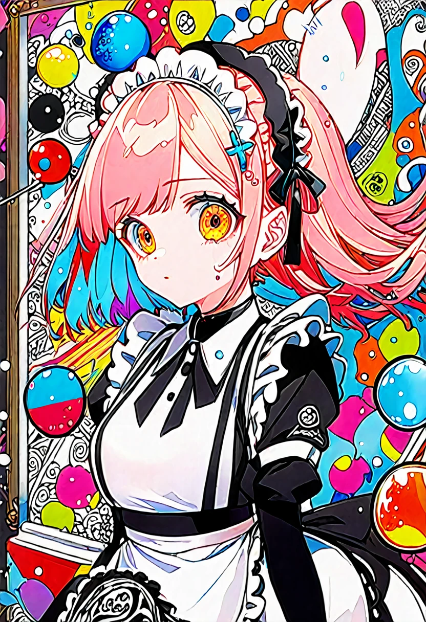 Momoko Sakura Style、8K quality、Intense watercolor, detailedな水彩アート, Watercolor splash, Surreal, Avant-garde pop art, Beautiful and expressive paintings, Beautiful artwork illustration, Very colorful tones, wonderful, Cool Beauty, Highest quality、Official Art, Vector art, Stylish design, (((The most beautiful maid girl))), (((Highest quality))), High resolution, ((detailed)), (((Doodle Art)), ((masterpiece)), ((Super detailed)), (((Colorful soap bubbles))),(((Maid Fashion))),