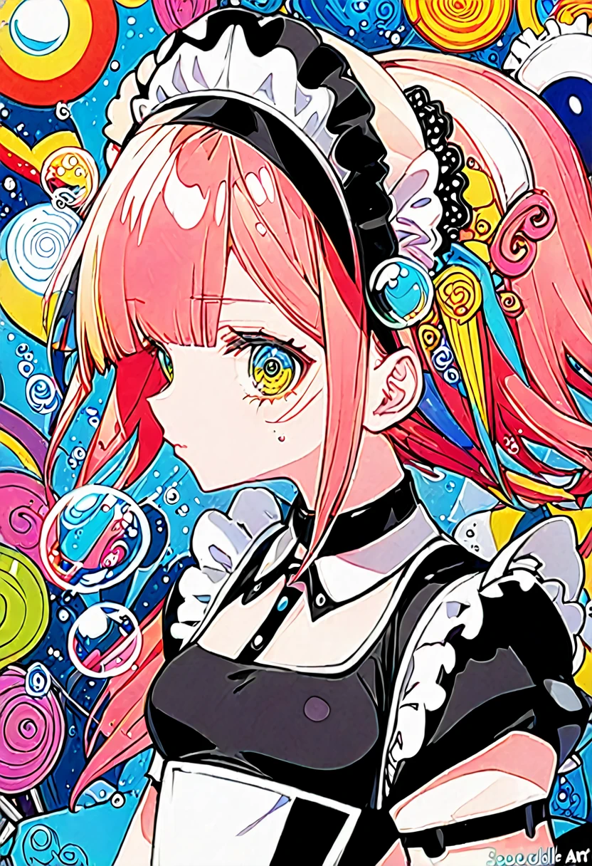 Momoko Sakura Style、8K quality、Intense watercolor, detailedな水彩アート, Watercolor splash, Surreal, Avant-garde pop art, Beautiful and expressive paintings, Beautiful artwork illustration, Very colorful tones, wonderful, Cool Beauty, Highest quality、Official Art, Vector art, Stylish design, (((The most beautiful maid girl))), (((Highest quality))), High resolution, ((detailed)), (((Doodle Art)), ((masterpiece)), ((Super detailed)), (((Colorful soap bubbles))),(((Maid Fashion))),