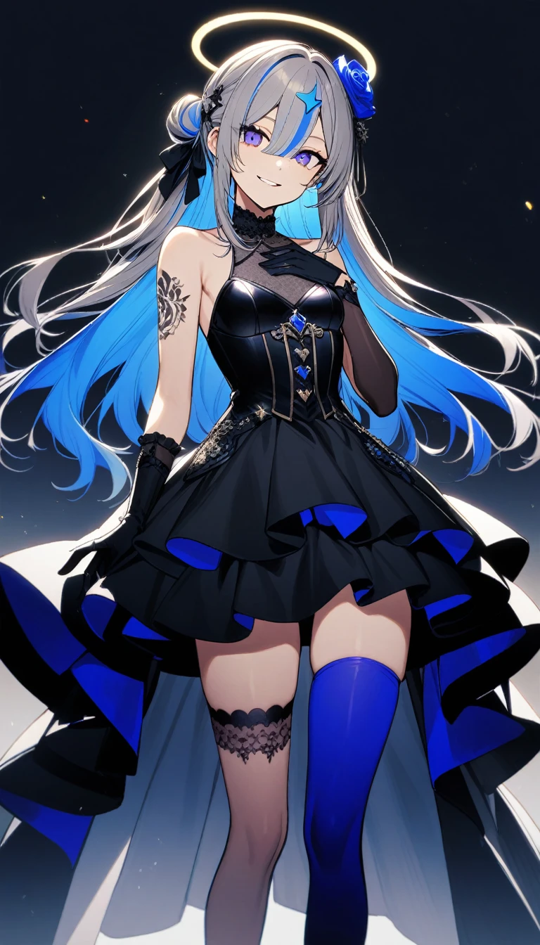 32k, 1girl, solo, long hair, breasts, bangs, hair ornament, thighhighs, gloves, dress, hair between eyes, bare shoulders, blue hair, flower, grey hair, multicolored hair, small breasts, frills, parted lips, black gloves, hair bun, black dress, streaked hair, tattoo, rose, halo, hand on own chest, single thighhigh, colored inner hair, blue thighhighs, official alternate hairstyle, official alternate hair length, star halo, ((smile)),