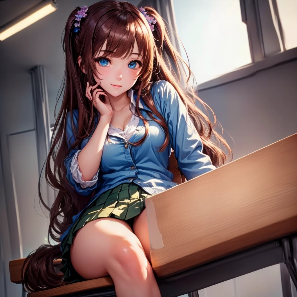 (Masterpiece:1.2), Best Quality, Ultra High Resolution, (Beautiful Detailed Eyes:1.6), Extremely Detailed Face, Cinematic Lighting, High Contrast, Clear Color, (Perfect Hands, Perfect Anatomy), Best Angle, (1 Girl, solo:1.5), BREAK nakano miku, anime girl sitting on a chair in a classroom beautiful anime high school girl, realistic anime artstyle, looking at the viewer, tender smile
