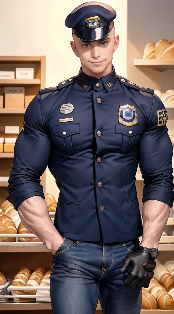 1 man,(Skinheads hairstyles) ,black eye,(Wear a fitted jacket navy with a police badge.:1.3),(fit neck),Navy blue jeans,(black_gloves), Korean guy,chest muscles,large arm muscles,blood vessel,Big muscles,Broad shoulders, smile, middle of the road,(full_shot:1.6),(In the bread shop:1.2),