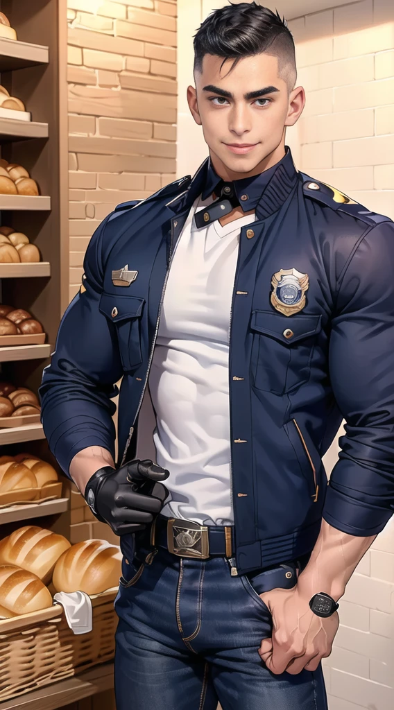 1 man,(Skinheads hairstyles) ,black eye,(Wear a fitted jacket navy with a police badge.:1.3),(fit neck),Navy blue jeans,(black_gloves), Korean guy,chest muscles,large arm muscles,blood vessel,Big muscles,Broad shoulders, smile, middle of the road,(full_shot:1.6),(In the bread shop:1.2),