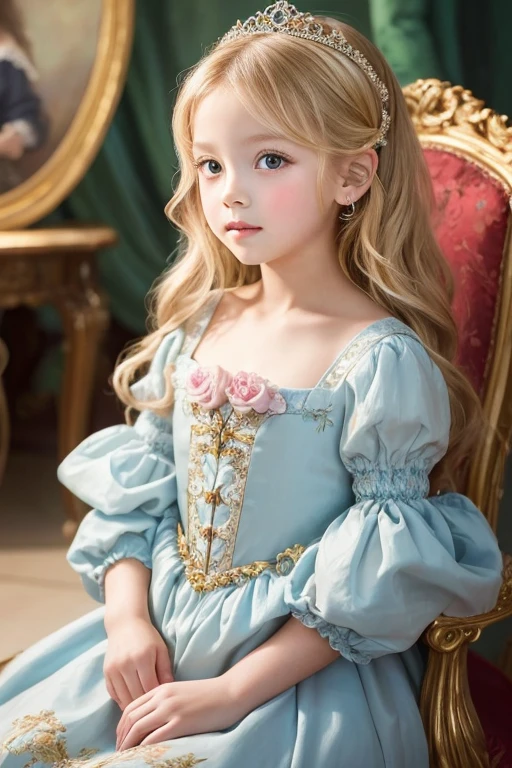 A 6--old utiful girl painted in an oil painting style reminiscent of an impressionist painting. She is fair-skinned and, With long blonde hair、She is wearing a gorgeous Rococo dress. The backdrop is a magnificent, gorgeous, cinematic palace.