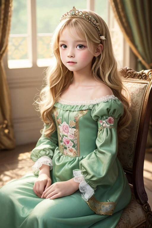 A 6-year-old beautiful girl painted in an oil painting style reminiscent of an impressionist painting.。She is fair-skinned and、With long blonde hair、She is wearing a gorgeous Rococo dress.。The backdrop is a magnificent, gorgeous, cinematic palace。