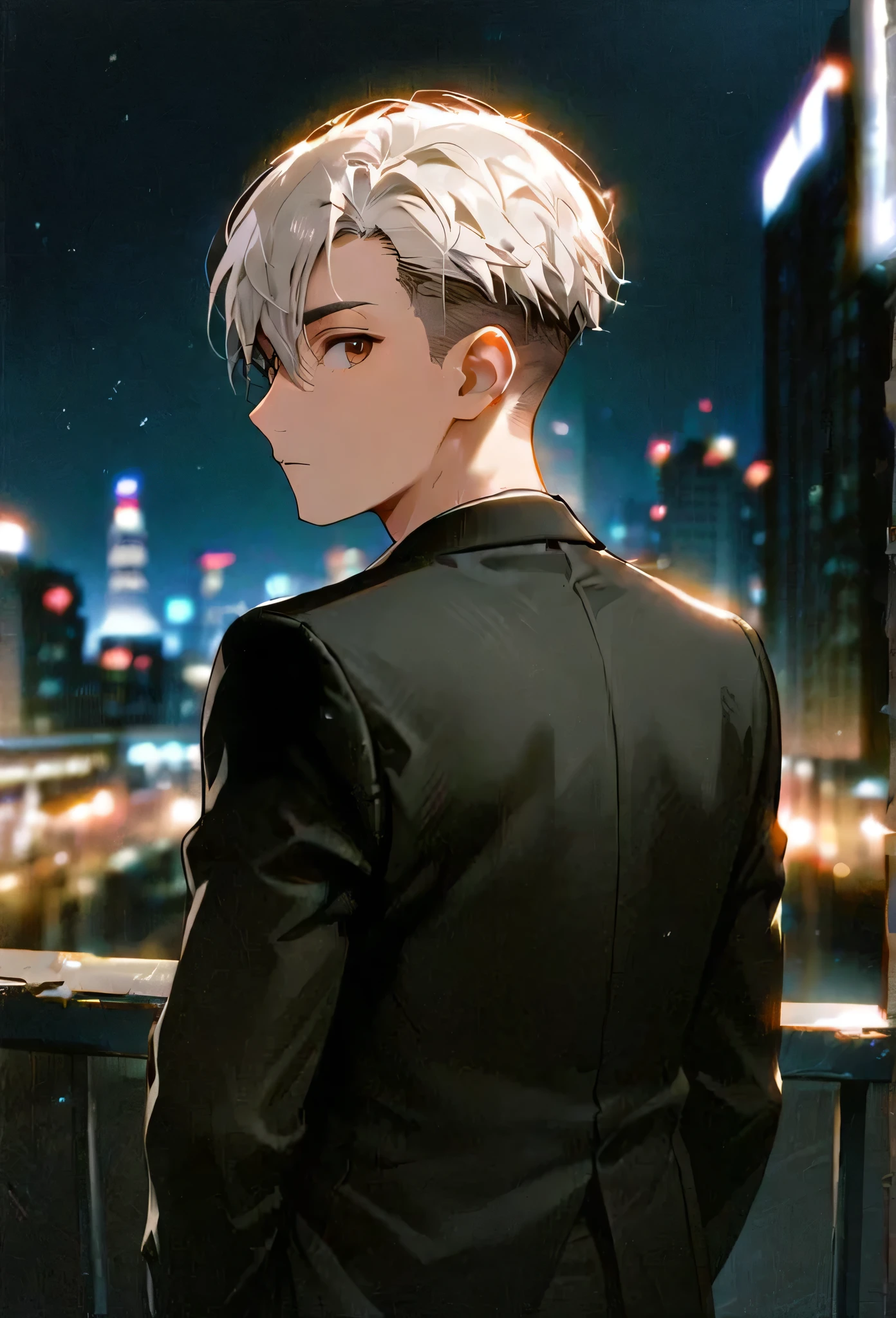 Half body portrait of a young man  ,white hair,short Undercut, brown eyes, wears an all black suit. Stand and look back. Look back. Half-body image. Look back.  city  background at night ,detailed