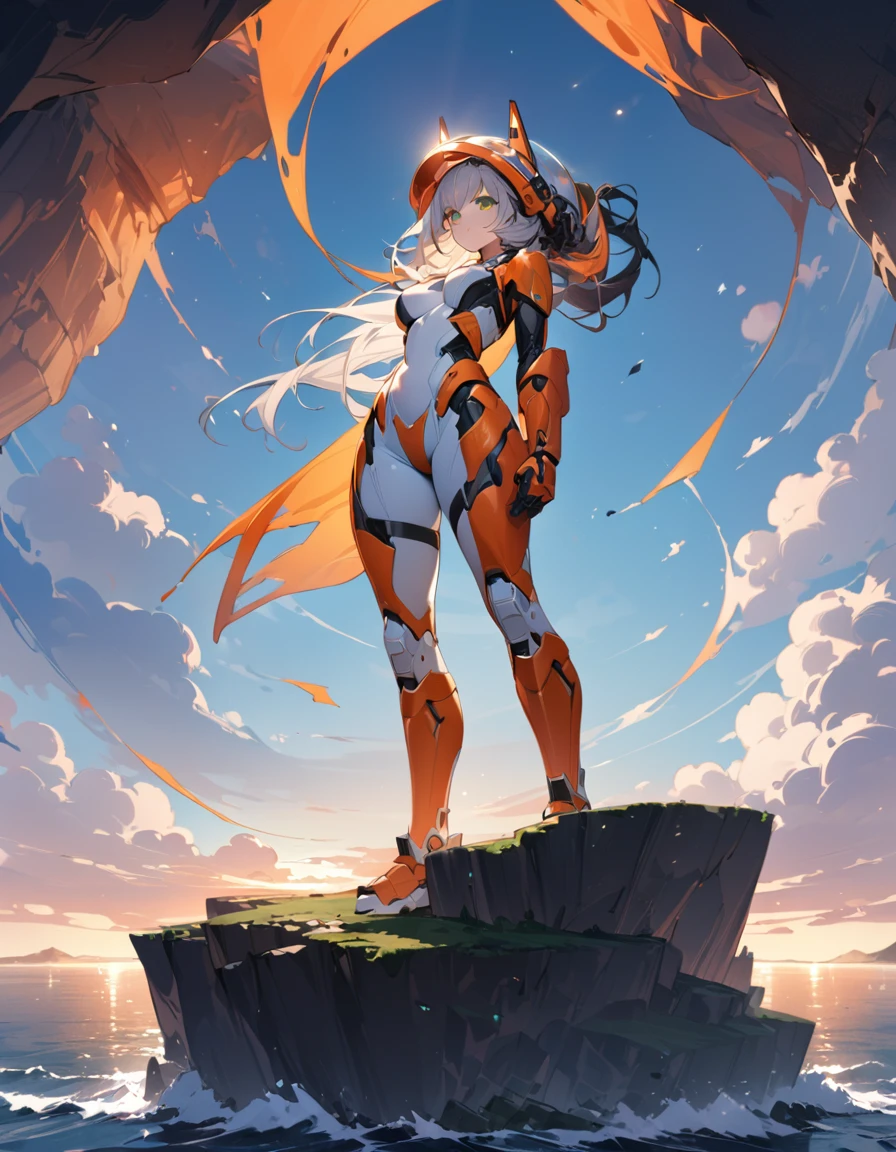 (Perfect ???????)、Mastepiece、Ultra High Quality、 8K、masterpiece、Highest quality、Ultra-high resolution、Maximum resolution、Very detailed、Professional Lighting、One girl,alone,living room,original,Full Face Helmets,I can see your face through your helmet ,Green Eyes,Orange heavy armor,White bodysuit,Standing on a cliff,Seaside Background,View anthers,Depth of written boundary,sf,Super detailed,Sharp focus,(Highest quality)