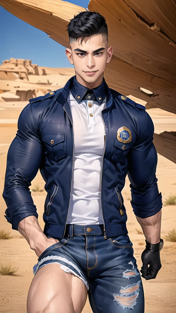 1 man,(Skinheads hairstyles) ,black eye,(Wear a fitted jacket navy with a police badge.:1.3),(fit neck),Navy blue jeans,(black_gloves), Korean guy,chest muscles,large arm muscles,blood vessel,Big muscles,Broad shoulders, smile, middle of the road,(In the desert:1.2),(full_shot:1.6),(ร้านขนมปัง:1.2),