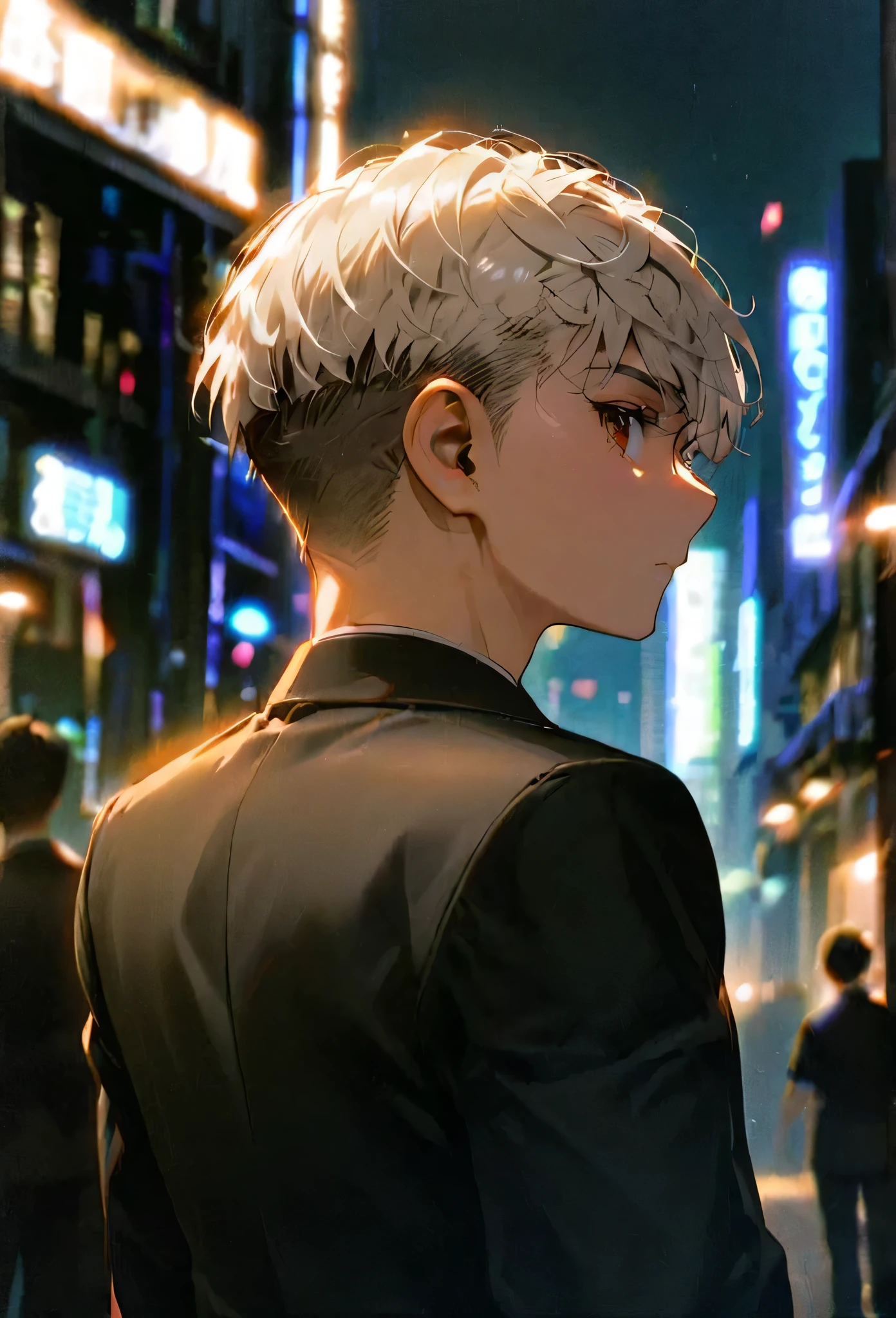 Half body portrait of a young man ,white hair,short Undercut, brown eyes, wears an all black suit. Stand and look back. Look back. Half-body image. Look back. city background at night ,detailed