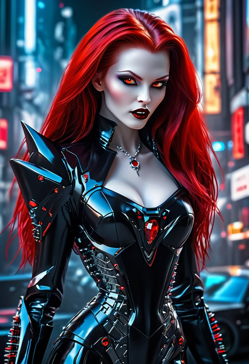 ((a photorealistic glamour shot of an exquisite, glamour mecha female vampire: 1.5)), ((full body: 1.3)), ultra feminine, pale face, red hair, long vibrant shiny hair, glamorous hair,  red eyes, miniatures mechanical , deep penetrating eyes, red lips, lustful lips, ((two visible vampiric fangs: 1.5), drops of blood dripping from the mouth, ((cyberpunk style: 1.5)), she wears (black elegant glamour dress, with small delicate mechanical parts: 1.4), digital parts,  intricate details, the dress is studded with diamonds, tight suit, dynamic color, high heels, cyberpunk street at night background, (highest quality:1.2, Very detailed, up to date, Vibrant, Ultra-high resolution, High Contrast, masterpiece:1.2, highest quality, Best aesthetics), best details, best quality, highres, ultra wide angle, 16k, [ultra detailed], masterpiece, best quality, (extremely detailed), Genetically modified..., Cinematic Hollywood Film, nijimecha