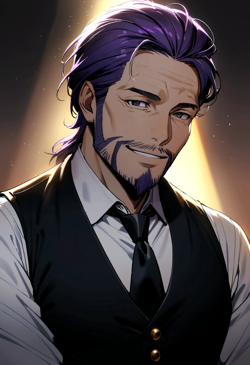 40 years old man, short purple hair parted in two, black eyes, sly eyes, smiling mouth, black goatee and beard, wearing black long-sleeved vest, white shirt, black tie, gold buttons.