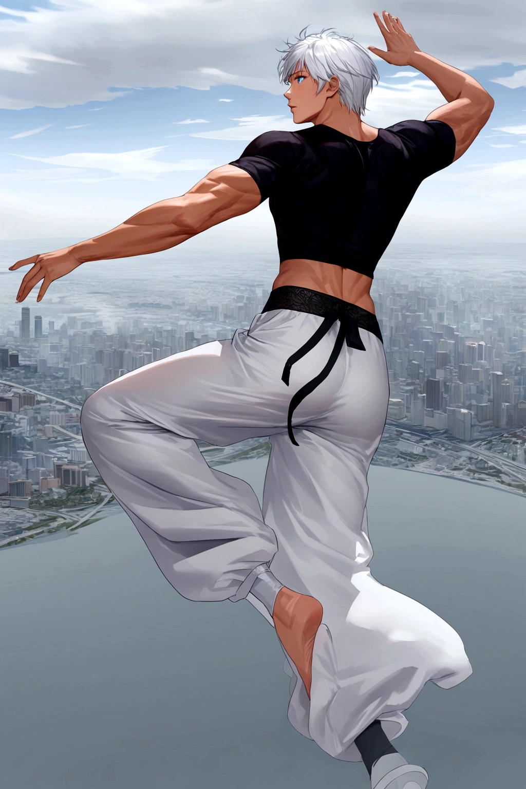 (original) , (very detailed wallpaper) , (Best quality) , (masterpiece) , photographic reality, realistic, very detailed illustrations , Beautiful eyes, perfect detail, (better lighting) , (super intricate details) , ultra detailed, , when,, 4K unified, (Super detailed computer graphics: 1.2) , (8 k: 1.2) , drawn ,soft hands, man levitates in the sky, white wide leg pants, black tight T-shirt, Detailed face, Blue eyes, White hair, muscular body, (Detailed ), clear muscles, Anime, Satoru Gojo, city in the background, Tokyo in the background