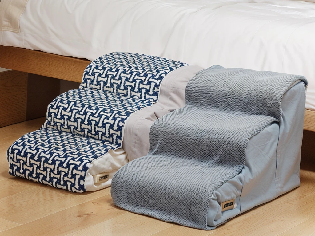 There are two steps，Next to it is a bed covered with a blanket, Designed for comfort and aesthetics!, detailed picture, lazy, 3 colours,Soft - warm, Soft. high quality, Perfect details, Oblique view, 3 colourss, overtake, Relax!,Alternate Angle, Moderate, Subtle details, Two stairs placed next to the bed，Japanese decoration style，高级的Product Image，Photographs，Adding natural light and shadow，Product Image