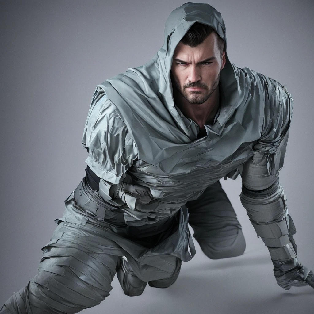 A realistic 3D male model in full body composition, wearing a full body hero suit and cape in the pattern of a professional baseball uniform, a very short haired, crew cut, cool, dandy-like, veteran-aged man with a shiny, sparkling blue cape that is longer than his body, gloves and a cap are always worn, an original hero, only the eyebrows, eyelashes and eyes are visible, his mouth is bandaged and sealed, the upper half of his face is bare with a sharp gaze, he has six pack abs, a muscular macho man with a sturdy body, he has both legs closed, his hands are clasped behind his back in an X shape, his whole body is bound and sealed with duct tape and he is held down. He has collapsed from exhaustion and is sleeping with his eyes closed. A coat of arms, in a dark room background, his whole body facing forward, backward, left and right (north, south, east and west), an image of him being restrained and mummified.