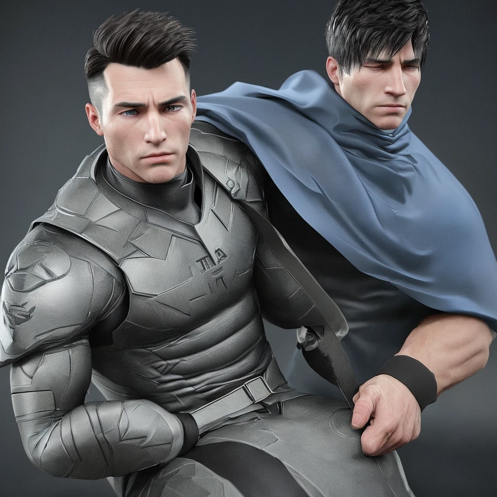 A realistic 3D male model in full body composition, wearing a full body hero suit and cape in the pattern of a professional baseball uniform, a very short haired, crew cut, cool, dandy-like, veteran-aged man with a shiny, sparkling blue cape that is longer than his body, gloves and a cap are always worn, an original hero, only the eyebrows, eyelashes and eyes are visible, his mouth is bandaged and sealed, the upper half of his face is bare with a sharp gaze, he has six pack abs, a muscular macho man with a sturdy body, he has both legs closed, his hands are clasped behind his back in an X shape, his whole body is bound and sealed with duct tape and he is held down. He has collapsed from exhaustion and is sleeping with his eyes closed. A coat of arms, in a dark room background, his whole body facing forward, backward, left and right (north, south, east and west), an image of him being restrained and mummified.