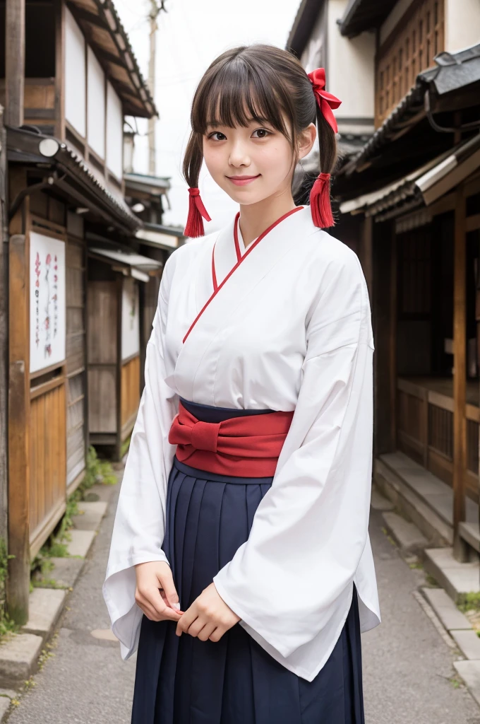girls standing in old-Japanese street,white hakama top,red hakama bottom,18-year-old,bangs,a little smile,short hair and low pigtails with red ribbon bow,from before,front light