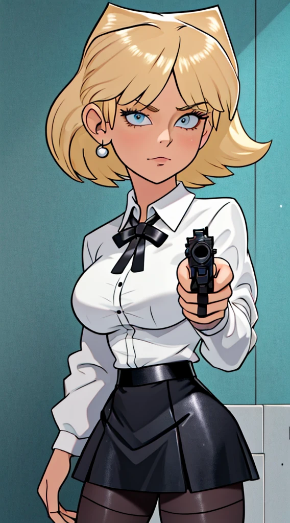 ((masterpiece, best quality)),solo,1girl, loriloud, lori loud, large breasts, highres, blonde hair, hair over eyes, detailed, soft lighting, short hair, white shirt, criminal girl, black leather jacket, black skirt, pantyhose, lingerie, background : ocean docks, aiming at viewer, holding pistol, handgun, looking at you