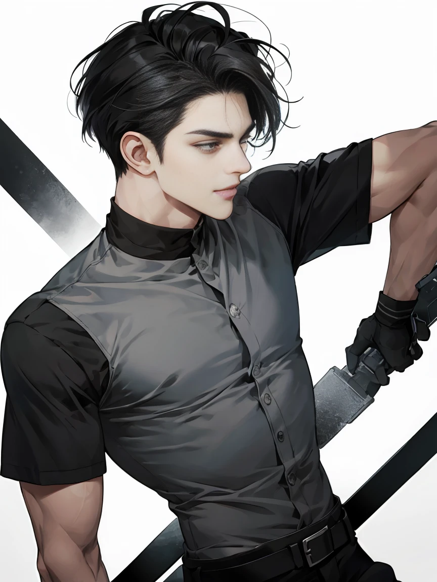 modern, anime style, chiaroscuro, UHD, masterpiece, anatomically correct, textured skin, high details, super detail, best quality, (extreamly delicate and beautiful:1.2), 8K, (tmasterpiece, best:1.0), One male that very short black hair, short black Quiff hair with Soft Fringe, bangs part on side 5:5 ratio, wearing a loose rock-style grey and blackShort sleeve, (Not much muscle), Looking to the right, displaying a sly smile, Korean illustration style.