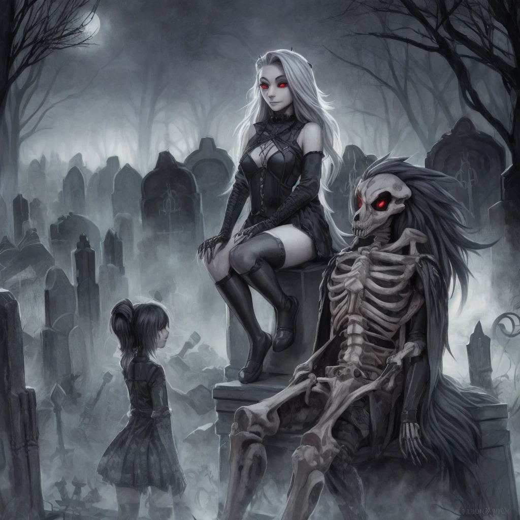 By chelodoy,2 girls, loona, goth outfit , stockings, sitting on the skeleton, red eyes, glowing eyes, smirk, holding skull, on the graveyard, fog, night, (detailed face, detailed eyes) one girl is naked 