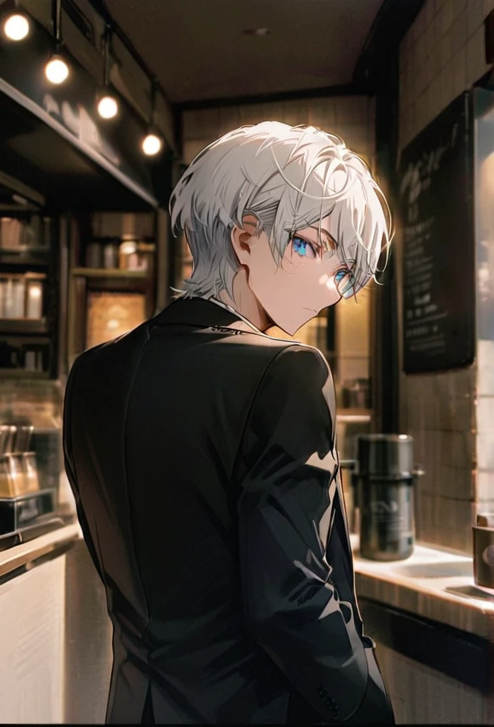 Half body portrait of a young man , white short hair, blue eyes, wears an all black suit. Stand and look back. Look back. Half-body image. Look back. cafe background ,detailed