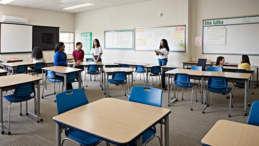 Diverse group of students engaged in a classroom setting, Multicultural atmosphere with various ethnicities represented, Attentive expressions while listening to the lecturer, Educational environment with desks and educational materials, Inclusive and welcoming space fostering learning, Bright and inviting color palette, Realistic depiction with a hint of idealism