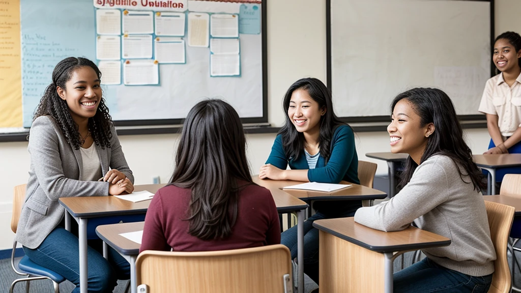 Diverse group of students engaged in a classroom setting, Multicultural atmosphere with various ethnicities represented, Attentive expressions while listening to the lecturer, Educational environment with desks and educational materials, Inclusive and welcoming space fostering learning, Bright and inviting color palette, Realistic depiction with a hint of idealism