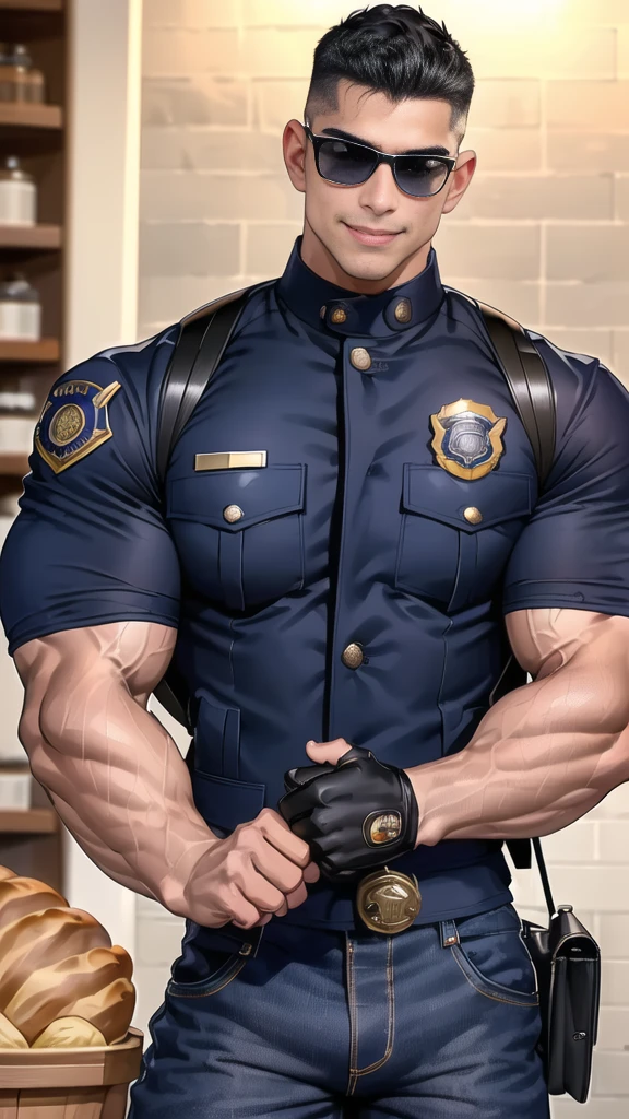 1 man,(Skinheads hairstyles) ,black eye,(Wear jacket navy with a police badge.:1.3),(fit neck),Navy blue jeans,(black_gloves), Korean guy, muscles,large arm muscles,blood vessel,Big muscles,Broad shoulders,(Carrying a black backpack:1.3),(sunglasses:1.1), smile, middle of the road,(full_shot:1.6),(In the bread shop:1.2),