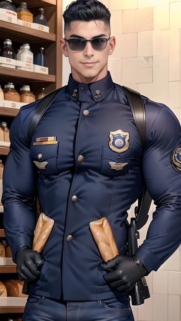 1 man,(Skinheads hairstyles) ,black eye,(Wear jacket navy with a police badge.:1.3),(fit neck),Navy blue jeans,(black_gloves), Korean guy,chest muscles,large arm muscles,blood vessel,Big muscles,Broad shoulders,(Carrying a black backpack:1.3),(sunglasses:1.1), smile, middle of the road,(full_shot:1.6),(In the bread shop:1.2),