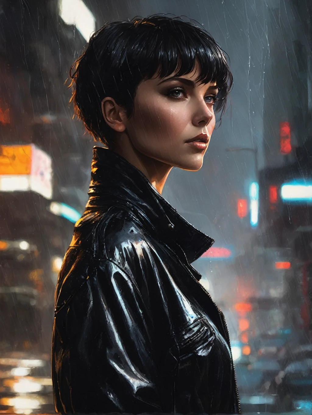 1 female, short hair,  with black leather jacket, 
Blade Runner Rain Shadow Dramatic Lighting Art，author：John Burkey
(best quality, masterpiece, )