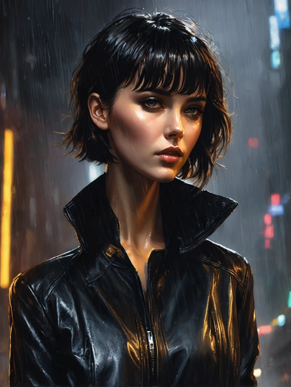 1 female, short hair,  with black leather jacket, 
Blade Runner Rain Shadow Dramatic Lighting Art，author：John Burkey
(best quality, masterpiece, )