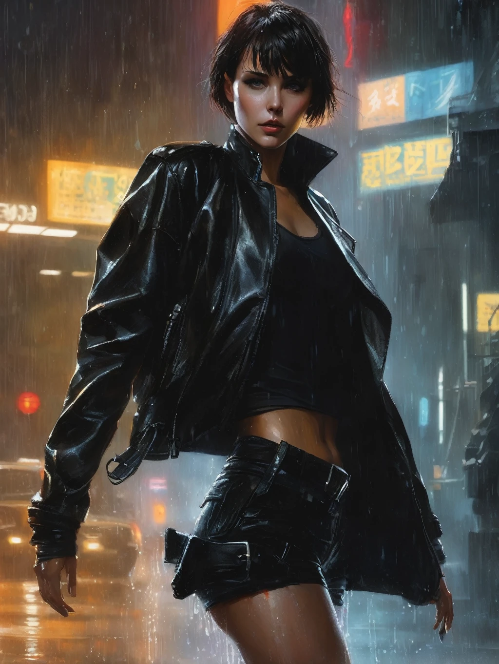 1 female, short hair,  with black leather jacket, 
Blade Runner Rain Shadow Dramatic Lighting Art，author：John Burkey
(best quality, masterpiece, )