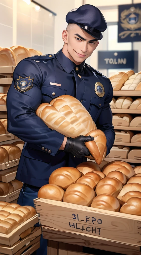 1 man,(Skinheads hairstyles) ,black eye,(Wear a fitted jacket navy with a police badge.:1.3),(fit neck),Navy blue jeans,(black_gloves), Korean guy,chest muscles,large arm muscles,blood vessel,Big muscles,Broad shoulders, smile, middle of the road,(full_shot:1.6),(In the bread shop:1.2),