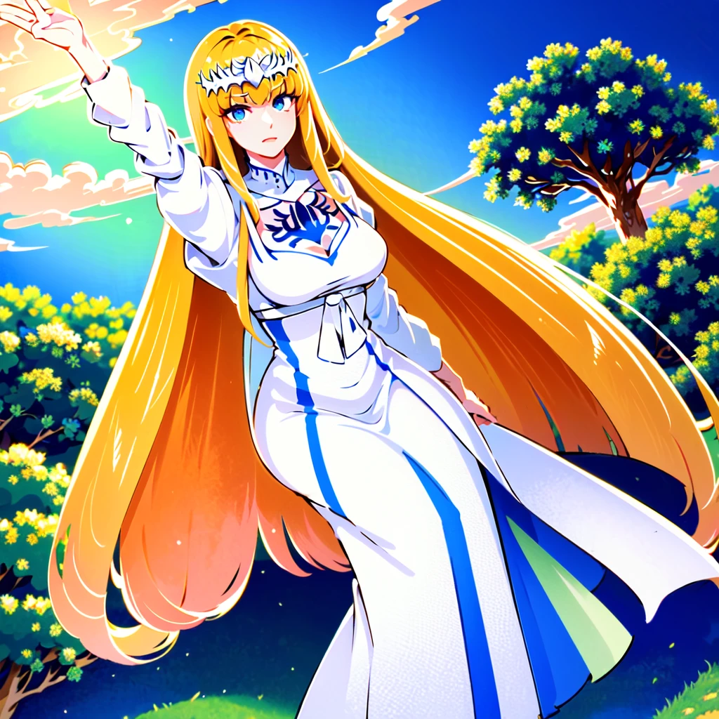 masterpiece, best quality,green forest,perfect lighting, 1girl, solo, Calca, Calca Bessarez, blonde hair, (extremely long hair:1.4), very long hair, white tiara, white dress, blue eyes, medium chest