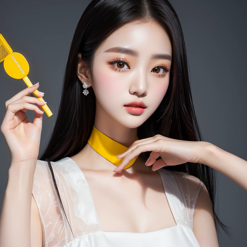 araffe asian woman wearing a white dress holding a yellow object, South Korean popular makeup, Popular Korean makeup, jennie pink black, Beautiful young Korean woman, dilraba dilmurat, beautiful south korean woman, clear and high-quality lips, jinyoung shin, ulzzang, heonhwa choe, Yanjun Chengt, Beautiful young Korean woman, korean girl huh yunjin big 