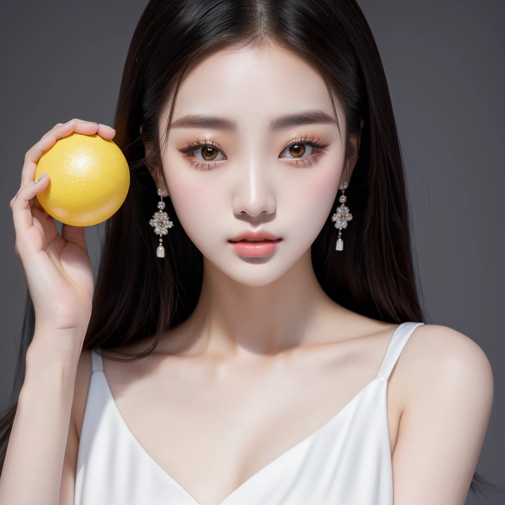 araffe asian woman wearing a white dress holding a yellow object, South Korean popular makeup, Popular Korean makeup, jennie pink black, Beautiful young Korean woman, dilraba dilmurat, beautiful south korean woman, clear and high-quality lips, jinyoung shin, ulzzang, heonhwa choe, Yanjun Chengt, Beautiful young Korean woman, korean girl huh yunjin big 