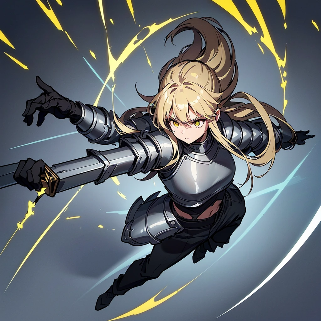 (((Solo)))、Highest quality, Best Quality、8K、(Full body character concept、detailed)、(((Gray simple armor、Black trousers、Black gloves))、(woman、18-year-old)、(Blonde、Long Hair)、(((Grab the sword)))、(Glowing light background)、(Fighting stance,)、Dramatic Angle、(Blue and yellow aura)、(From above)